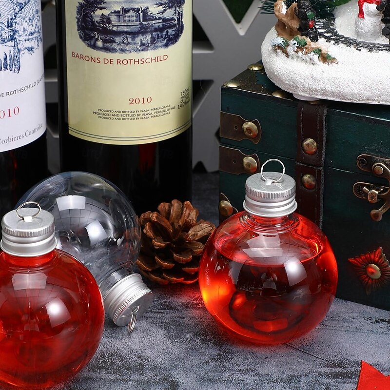10pcs 50ml/100ml Christmas Booze Balls Clear Xmas Tree Fillable Ornaments with Silver and Gold Pendant Ring Cover Christmas Hanging Booze Balls for DIY Crafts Xmas Holiday Party Wedding Decor4