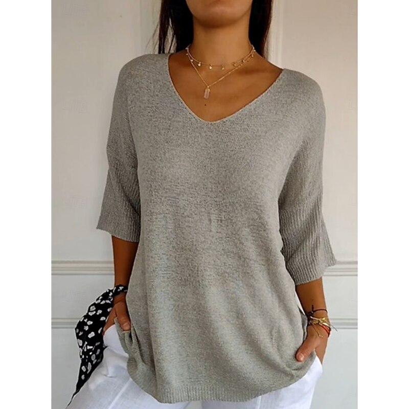 Women's Sweater Pullover Daily Stylish Casual Solid Color Ribbed V Neck Knitted 3/4 Length Sleeve Regular Tops Knit Outdoor Daily Black White Summer Spring4