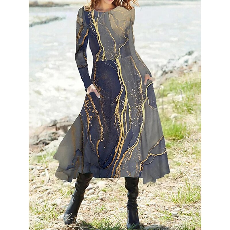 Women's Midi Dress A Line Dress Fit And Flare Dress Vacation Casual Daily Going out Regular Fit Ombre Graphic Geometric Long Sleeve Crew Neck White Pink Blue Gray Spring Fall Winter2