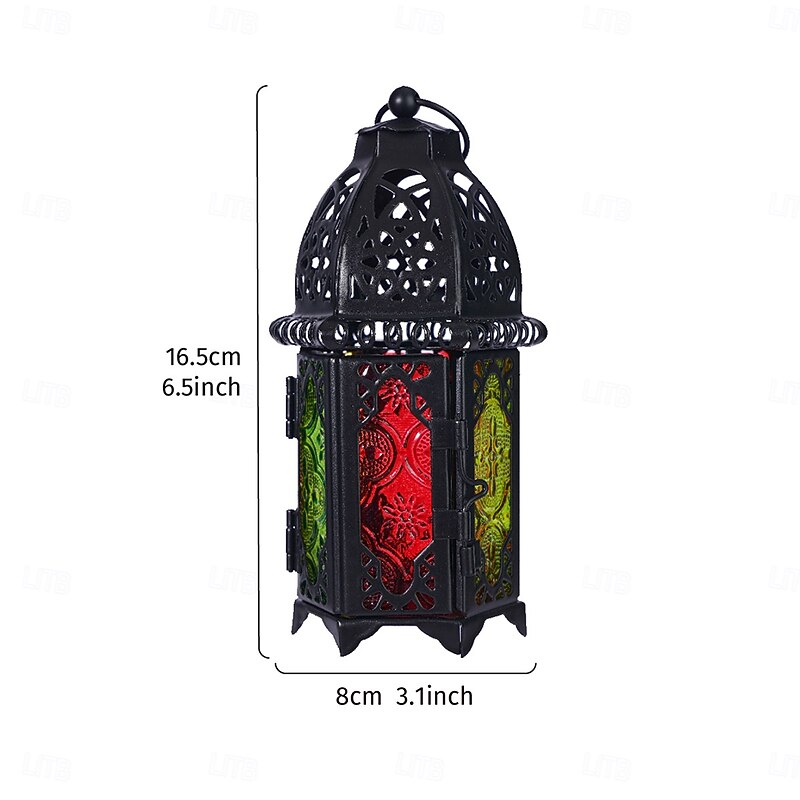 Vintage Iron Colorful Windproof Glass Lantern, Hollow Circle Design Hanging Candle Holder with Iron Frame, Wind-Resistant Decorative Lantern for Home, Bar, Restaurant, Party & Gift Giving3
