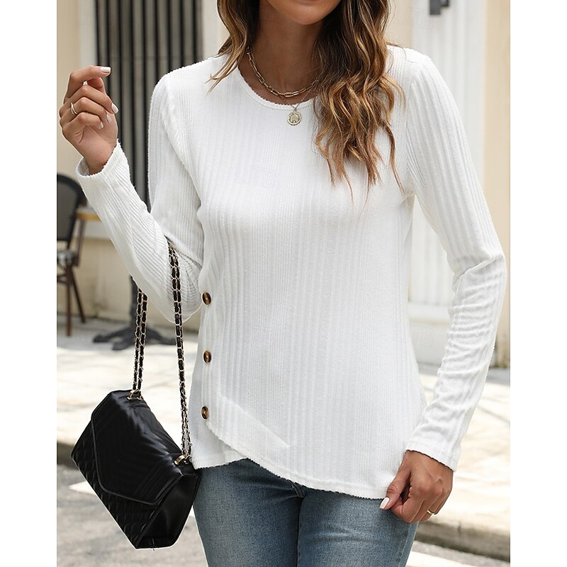 Women's Texture Blouse T Shirt Tee Top Plain Fashion Modern Long Sleeve Crew Neck Regular Tops Daily Going out Buttons Black White Pink Blue Orange Spring Fall4