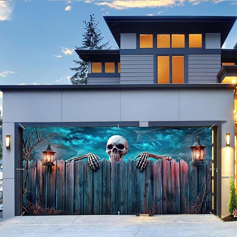 Halloween Garage Door Cover Large Hanging Backdrop Skeleton Bloodstains 3D Dark Punk Gothic Style Party Outdoor Shooting Backgrounds Front Door Home Decor4