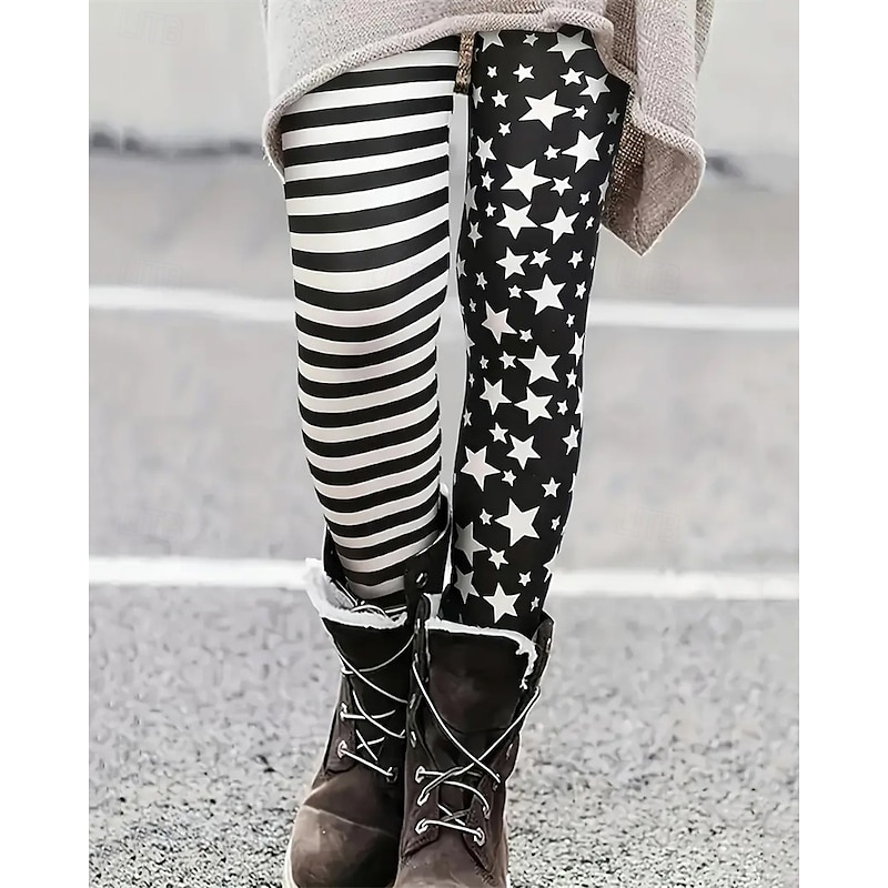 Women's Pants Trousers Leggings Cozy Leggings Streetwear Casual Full Length High Waist Star Striped Elastic Waist Print Breathability Comfortable Stretchy Vacation Street Daily Wear Black Summer