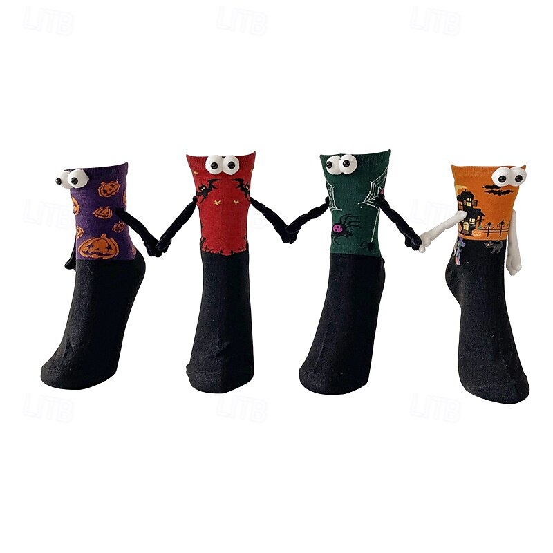Halloween Animal Mid-Calf Socks, Geometric Funny Skull Socks, Happy Face Unisex Socks, Trendy Couple Hand-Holding Socks2