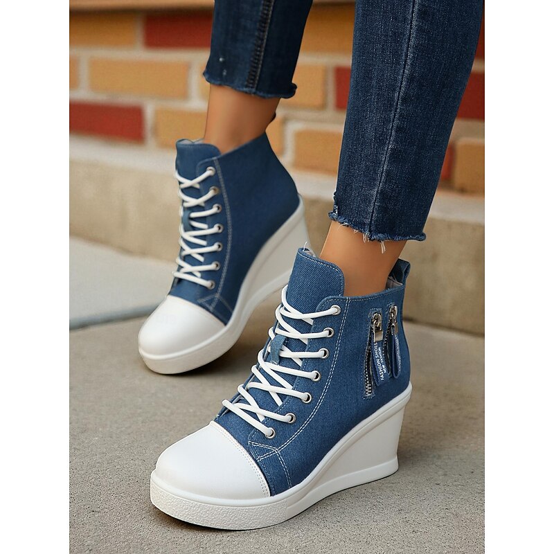 Women's Denim Wedge Sneakers with Lace-Up Front and Side Zipper, Casual High-Top Platform Shoes for Everyday Wear2