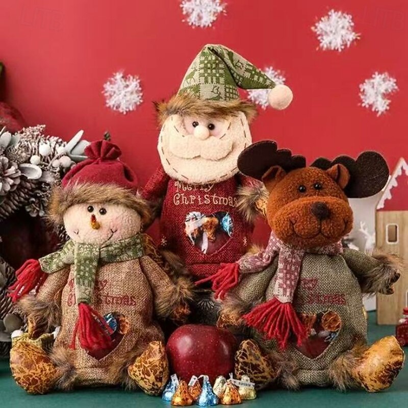 3pcs Christmas Gift Bags Zipper Design,Santa Claus & Reindeer Candy Bags, Apple Gift Bags for Christmas Eve, Holiday Party Decorations