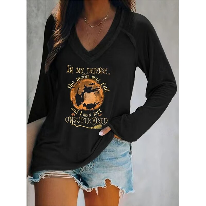 Halloween Women's T shirt Witch Long Sleeve V Neck Long Sleeve Graphic Casual Letter Vintage Stylish Western Tops Daily Weekend Vacation Wear Print Black White Pink Red Blue Spring Fall Prefall