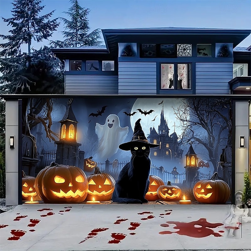 Halloween Garage Door Cover Witch Cat Ghost Pumpkin Lantern Banner Haunted House Backdrop Tapestry for Outdoor Decoration2