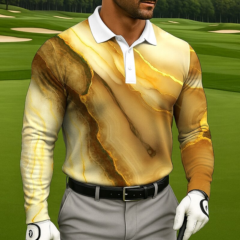 Men's Marble Polo Long Sleeve Polo Shirts Lapel Casual Athleisure Daily Wear 3D Print Buttons Spring Fall Winter Yellow Blue Purple3
