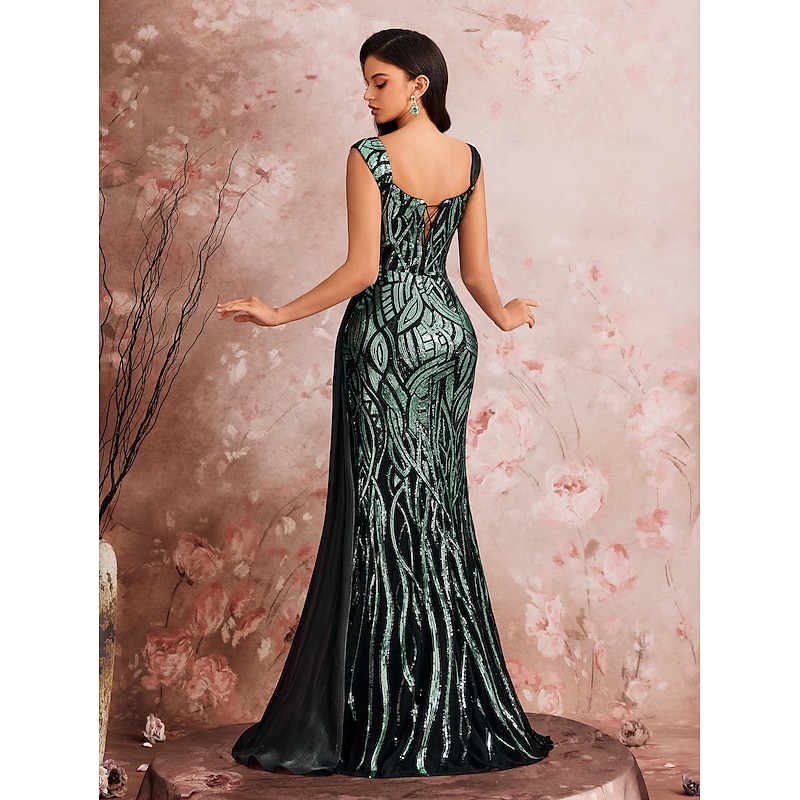 Mermaid / Trumpet Evening Gown Sparkle Dress Wedding Evening Party Floor Length Sleeveless Square Neck Bridesmaid Dress Tulle Backless with Sequin2