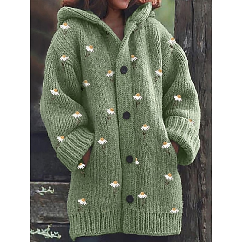 Women's Cardigan Vacation Daily Floral Ribbed Hooded Knitted Print Front Pocket Long Sleeve Regular Tops Knit Outdoor Daily Holiday White Yellow Fall Winter