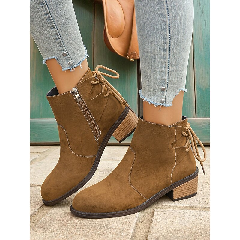 Women's Camel Faux Suede Ankle Boots with Side Zipper and Lace Detail – Comfortable Block Heel Boots for Fall Casual Wear2