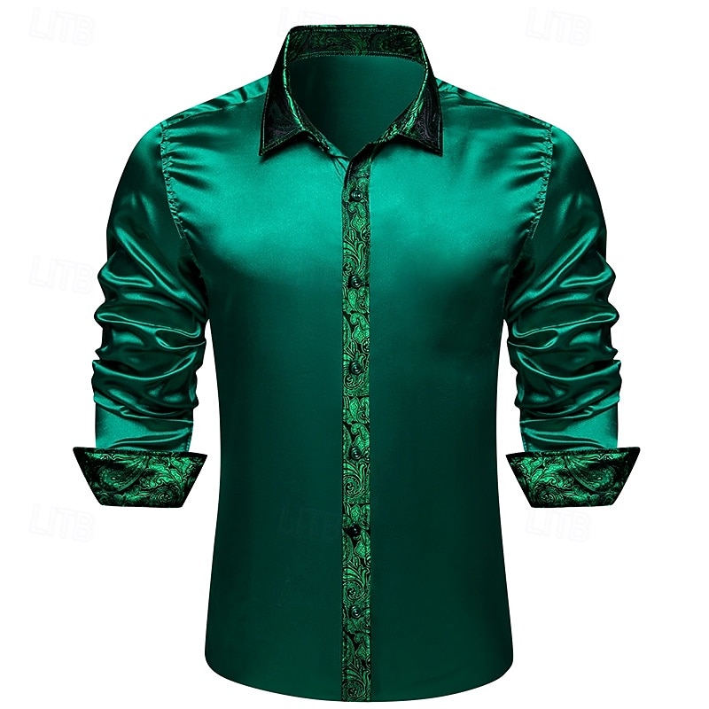 Men's Shirt Silk Like Satin Shirt Casual Shirt Button Up Shirt Prom Shirt Plain Formal Wedding Green Long Sleeve Lapel Spring &  Fall All Seasons Clothing Apparel Patchwork