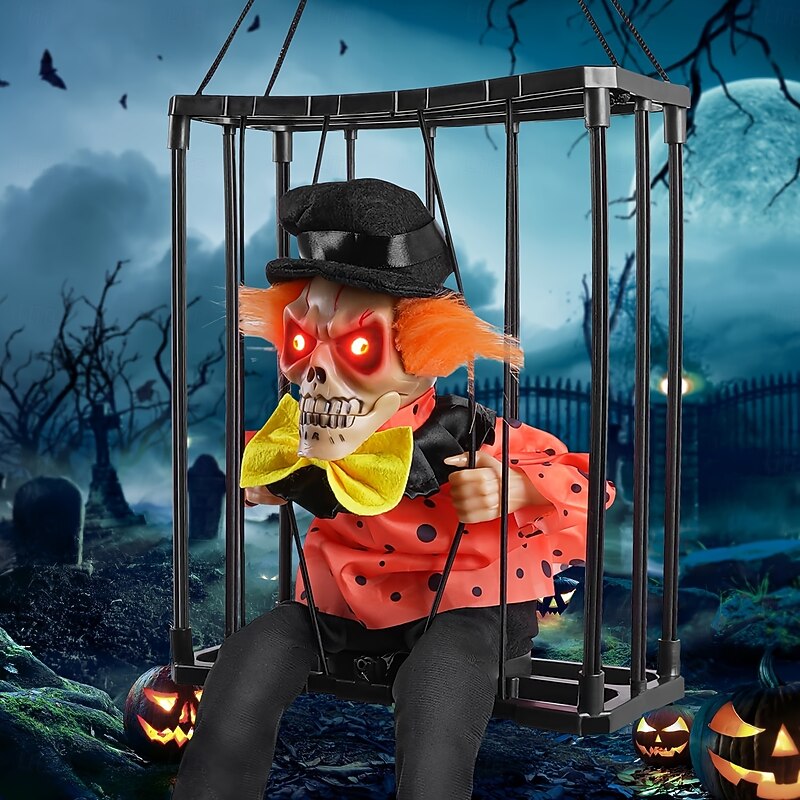 Halloween Animated Decoration, 1pc Motion-Sensor Activated Screaming Clown in Cage with Light-Up Eyes, Spooky Prisoner Ghost Prop for Indoor/Outdoor Decor, Plastic, No Batteries, AA Battery Operated (2