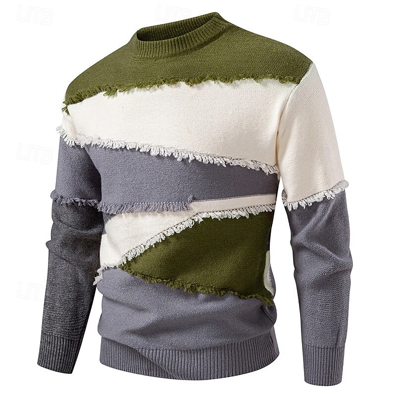 Men's Pullover Sweater Jumper Knit Sweater Ribbed Knit Regular Tops Knitted Patchwork Crew Neck Fashion Basic Vacation Daily Wear Clothing Apparel Winter Yellow Red S M L