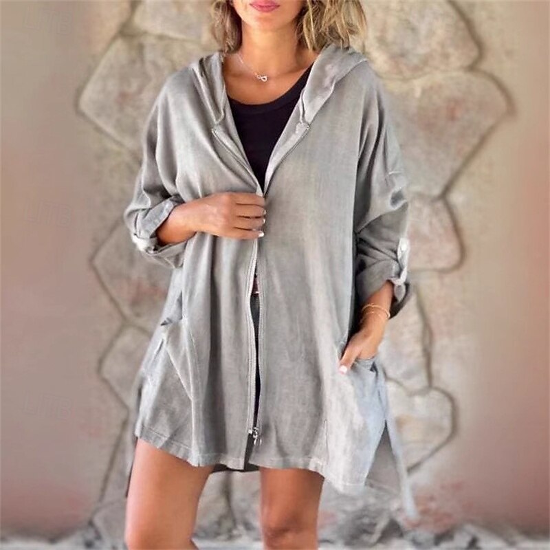 Women's Casual Jacket Hoodie Jacket Comfortable Breathable Zipper Pocket Fashion Modern Casual Plain Going out Weekend Zipper Regular Hooded Regular Fit Long Sleeve Outerwear Rose Gray Spring Fall3