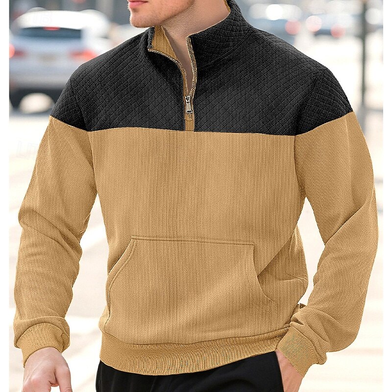 Men's Sweatshirt Waffle Sweatshirt Pullover Hoodie Sweatshirt Pullover Quarter Zip Sweatshirt Army Green Navy Blue Khaki Gray Standing Collar Plain Patchwork Color Block Sports & Outdoor Casual Daily3