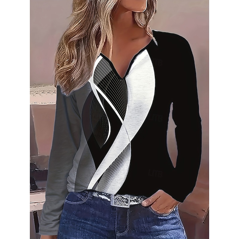 Women's T Shirt Graphic Abstract Geometry Vintage Stylish Classic Long Sleeve V Neck Notched Neck Regular Tops Daily Weekend Print Black and White Spring Fall Winter