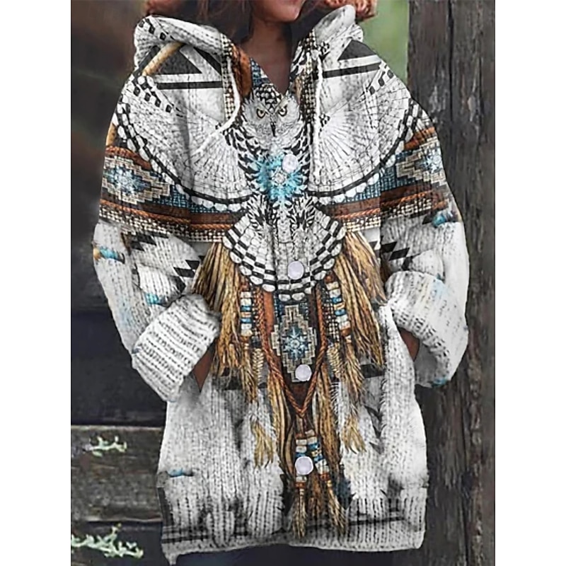 Women's Cardigan Vacation Vintage Daily Graphic Ribbed Hooded Knitted Print Front Pocket Long Sleeve Regular Tops Knit Outdoor Daily Holiday Black White Fall Winter3