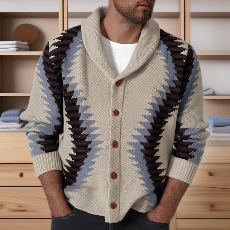 Men's Cardigan Sweater Cropped  Sweater Knit Sweater Ribbed Knit Regular Tops Buttons Geometric Lapel Fashion Classic Vacation Daily Wear Clothing Apparel Fall Winter khaki M L XL
