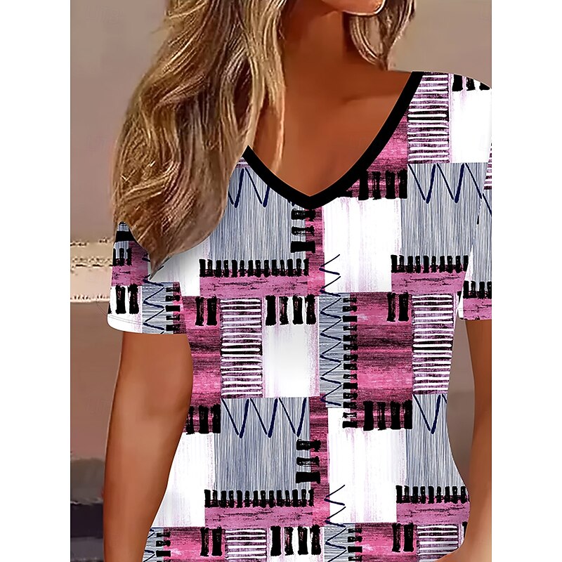 Women's T Shirt Graphic Geometric Plaid Bohemia Vintage Stylish Short Sleeve V Neck Regular Tops Daily Going out Weekend Print Rose Pink Summer Spring Fall3