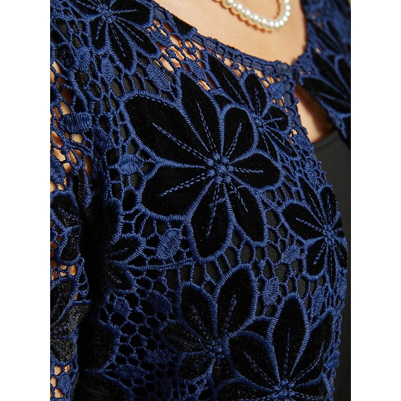 Women's Lace Tops Elegant Romantic Pretty Crew Neck Navy Blue Summer Spring Fall2