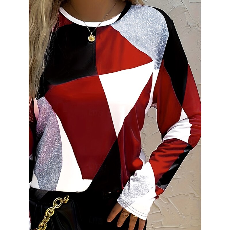 Women's T Shirt Graphic Geometric Color Block Vintage Stylish Classic Long Sleeve Crew Neck Round Neck Regular Tops Daily Print Red Summer Spring Fall3