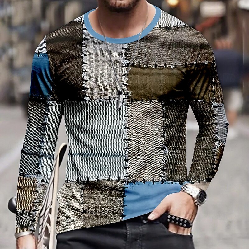 Men's Geometric T Shirt Long Sleeve T shirt 3D Print Crew Neck Shirt Daily Designer Street Casual Yellow Blue Purple Summer Spring Fall Clothing Apparel S M L XL XXL XXXL3