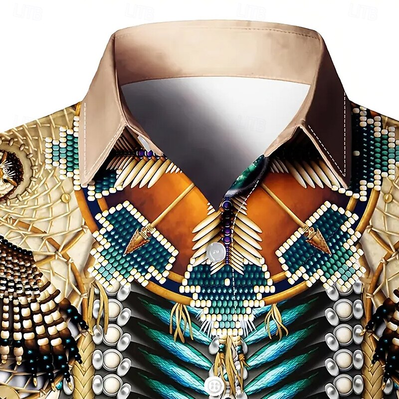 Men's Feathers Ethnic Indian Culture Shirt Button Up Shirt Casual Dress Shirt Long Sleeve Vintage Retro Vacation Daily Streetwear Summer Spring Turndown 3D Print Collared Shirts Khaki3