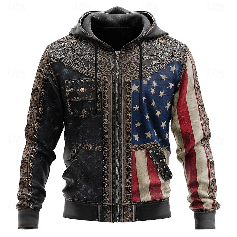 Men's American US Flag Cowboy Costume Hoodie Jacket Sweatshirt Western Cowboy All Over Print Zip Vacation Streetwear Black Brown Zipper Fall Winter Designer