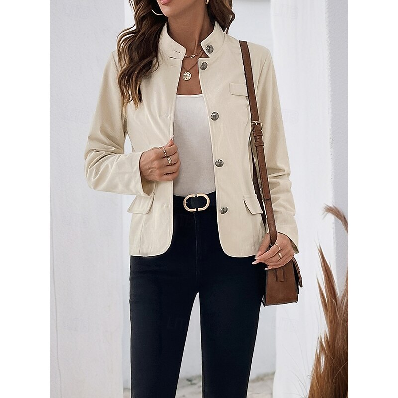 Women's Winter Coat Comfortable Buttons Elegant Vintage Fashion OL Style Plain School Formal Vacation Office Single Breasted Short Stand Collar Regular Fit Long Sleeve Outerwear Apricot Spring Fall2