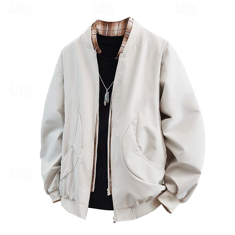 Men's Jacket Casual Jacket Outdoor Vacation Warm Zipper Pocket Fall Winter Plain Fashion Streetwear Standing Collar Regular Black Green Beige Jacket3