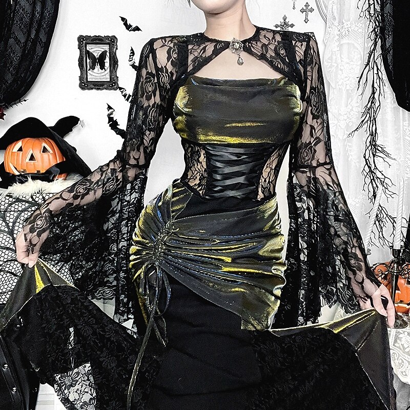 Gothic Maxi Dress Shrug Top Bell Sleeve Witch Morticia Addams Lace Velvet Floral Fancy Dress Women's Fantasy Halloween Carnival Performance Party Adults Top Dress4