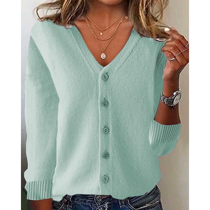 Women's Sweater Cardigan Fashion Streetwear Daily Solid Color Ribbed V Neck Knitted Long Sleeve Regular Tops Knit Holiday Going out Weekend Black White Fall Winter2