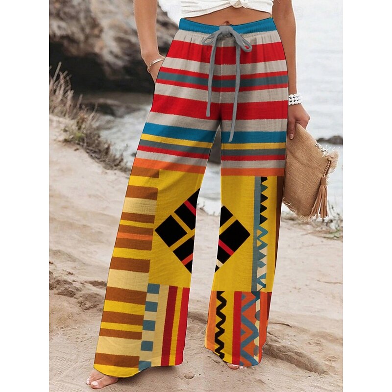 Women's Wide Leg Pants Trousers Ethnic Style Retro Vintage Long High Waist Geometic Elastic Waist Printing High Cut Breathability Soft Micro-elastic Vacation Street Daily Wear Yellow Purple Fuchsia