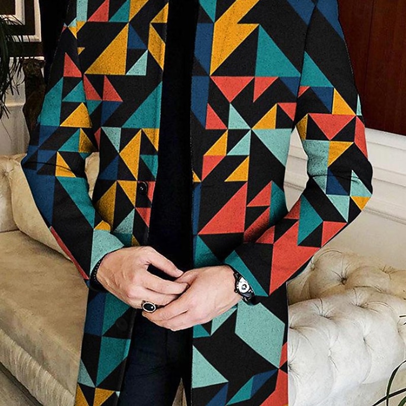 Men Geometric Plaid Overcoat Coat Casual Business Casual Daily 3D Print Buttons Front Pocket Spring Fall Winter Notch Long Sleeve Black Blue Brown4