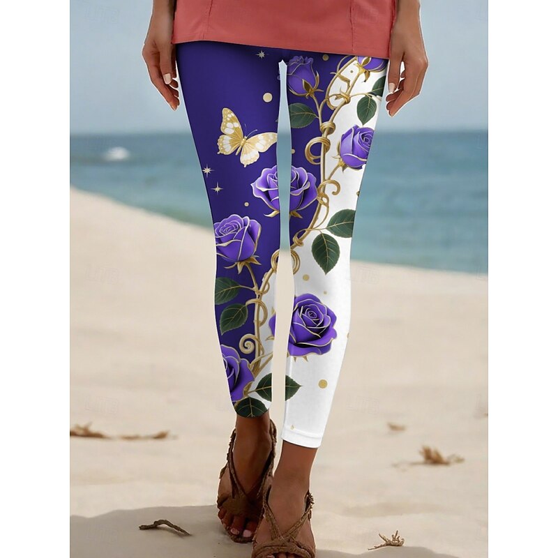 Women's Pants Trousers Leggings Streetwear Casual Full Length High Waist Floral Elastic Waist Print Breathability Comfortable Stretchy Vacation Street Daily Wear Navy Blue Blue Purple Fuchsia Summer2