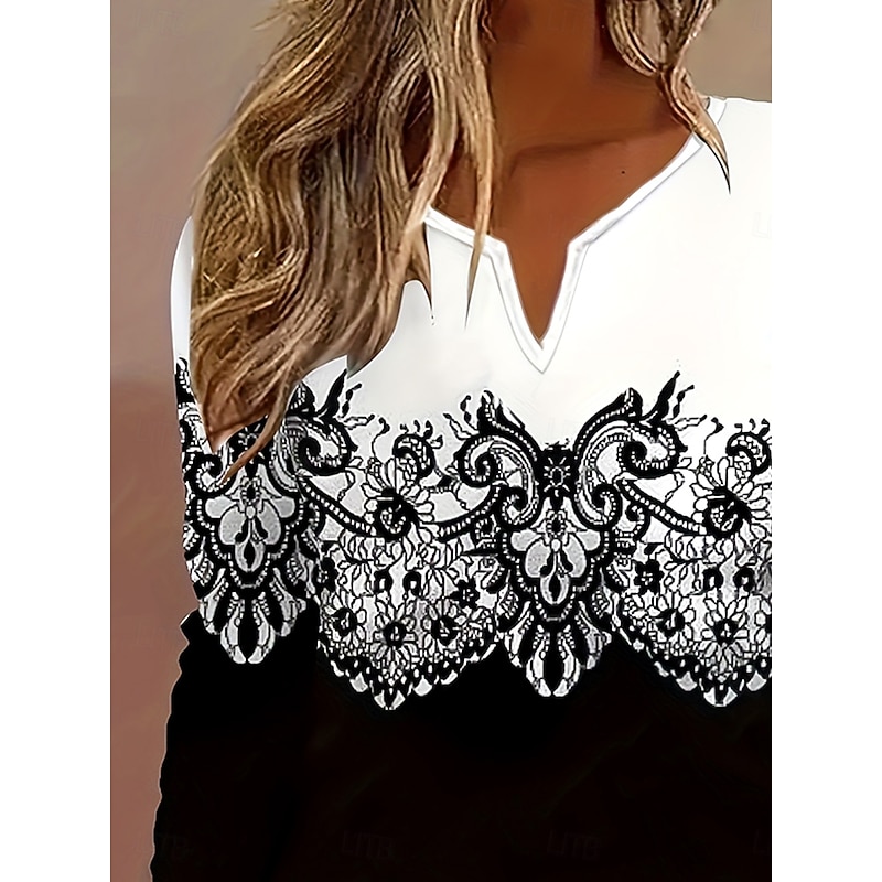 Women's T Shirt Ombre Floral Graphic Elegant Vintage Stylish Long Sleeve V Neck Notched Neck Regular Tops Daily Weekend Print Black Spring Fall2