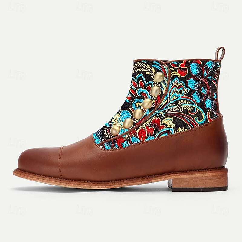 Men's Brown and Blue Jacquard Fabric Ankle Boots with Embroidered Pattern, Retro Fashion Statement Boots for Party, Stage Performance and Special Events4