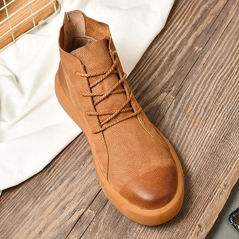 Men's Tan Faux Leather Casual Ankle Boots Lightweight Lace-Up Shoes for Streetwear and Weekend Outfits4