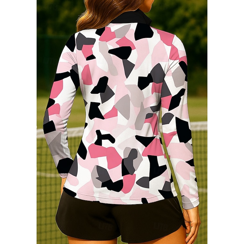 Women's Geometric Tops Golf Polo Shirt Tennis Shirt Long Sleeve Print Quarter Zip Pullover UV Protection Elastic Breathable Tennis Golf Pickleball Stand Collar Zip Collar Shirt Sweatshirt Pink Tennis2