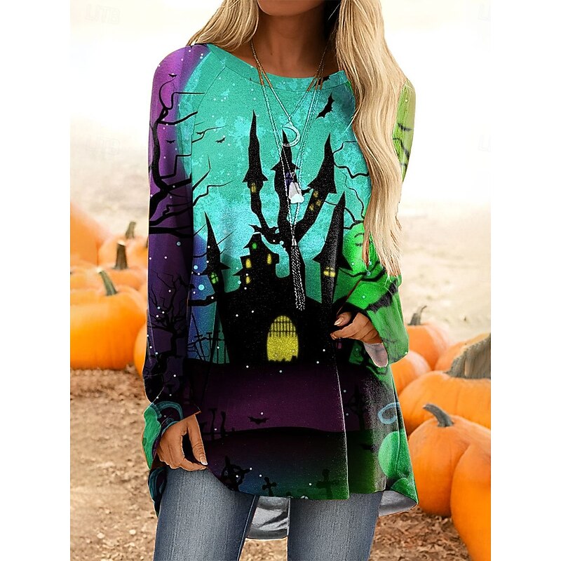 Halloween Women's T Shirt Castle Ombre Graphic Vintage Stylish Classic Long Sleeve Crew Neck Regular Tops Daily Print Yellow Pink Blue Orange Spring Fall3