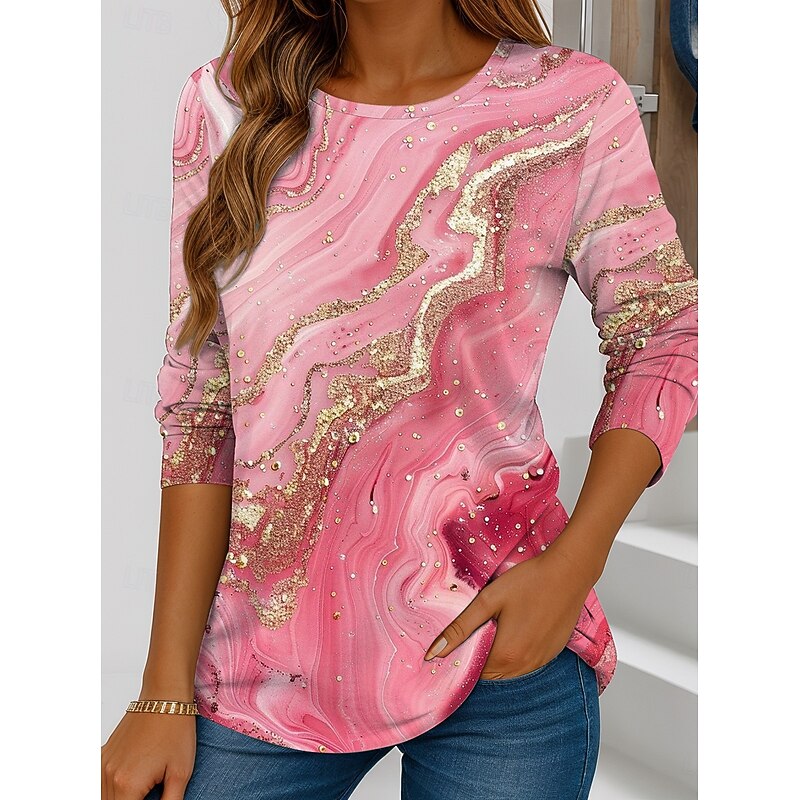 Women's T Shirt Graphic Geometric Striped Vintage Stylish Casual Long Sleeve Crew Neck Round Neck Regular Tops Daily Print Pink Blue Purple Rose Pink Summer Spring Fall3