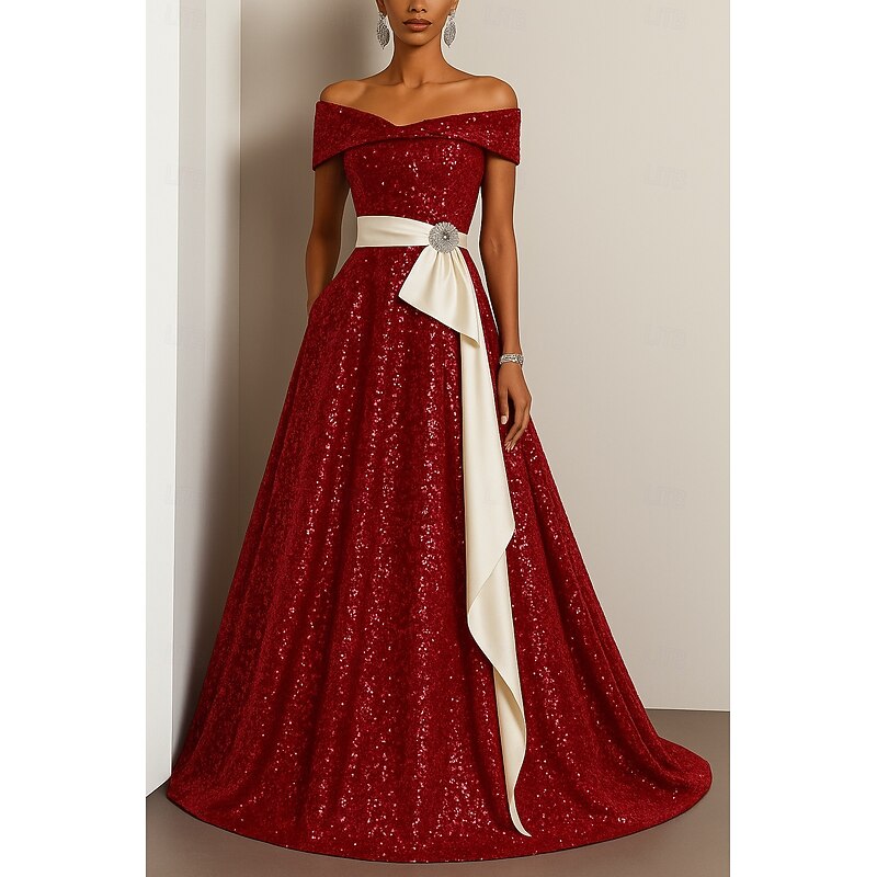 Black Red Green A-Line Evening Gown Elegant Dress Formal Wedding Floor Length Short Sleeve Off Shoulder Sequined with Glitter Pleats 20254