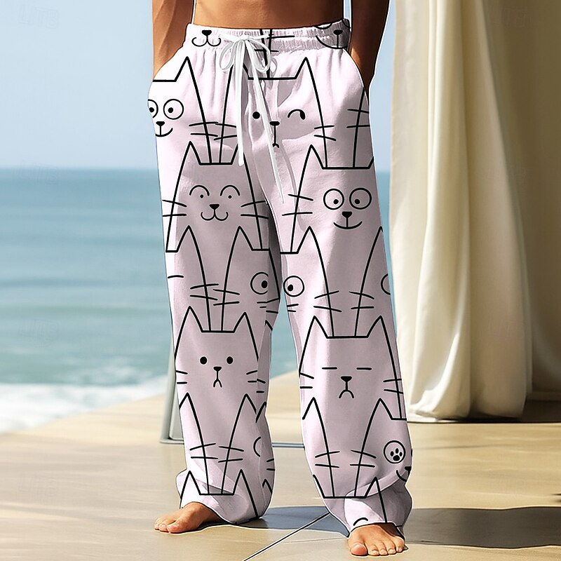 Men's Trousers Baggy Pants Casual Pants Elastic Drawstring Waist Linen-Like Pants with Pockets Animal Cat Funny Full Length Outdoor Vacation Casual White Pink Inelastic3