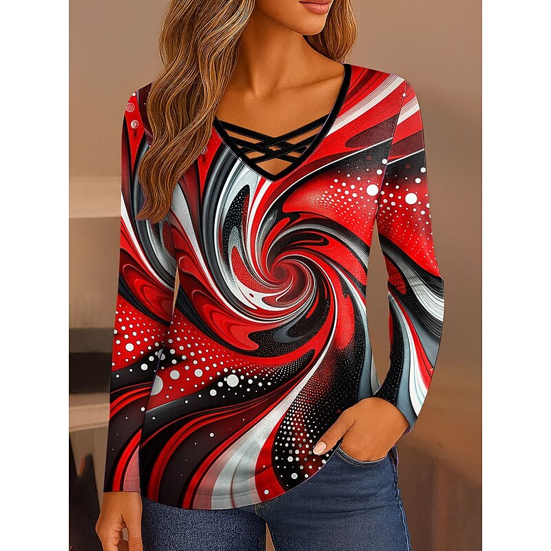 Women's T Shirt Ombre Graphic Geometry Vintage Stylish Classic Long Sleeve V Neck Regular Tops Daily Cut Out Print Pink Red Blue Green Spring Fall