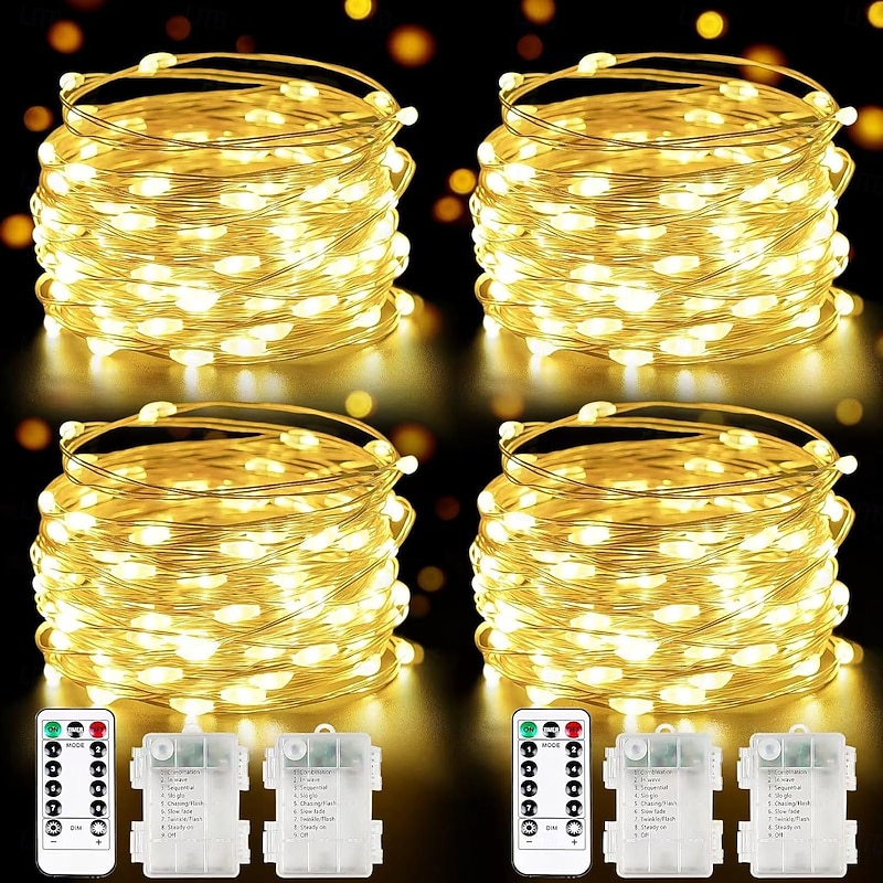4 Pcs 10M/32FT 100LED Beads Fairy String Lights Halloween Christmas Valentine's Day Wedding Festival Party Gift DIY Copper Wire Light String IP44 Waterproof AAA Waterproof Battery Box Remote Control