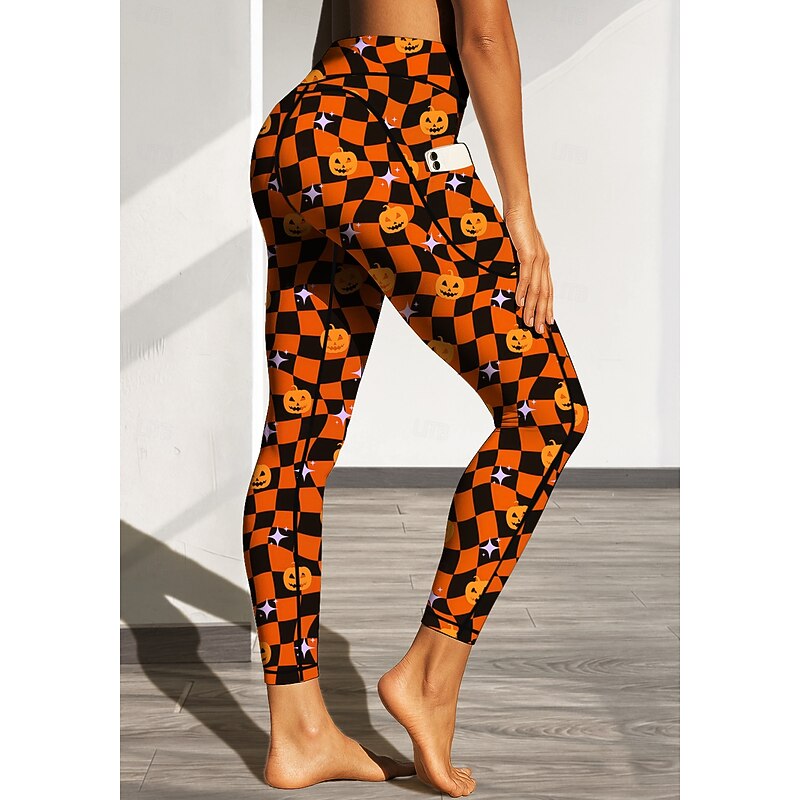 Women's pilates leggings fitness pants Gym Leggings Pockets Stamp Duty Side Pockets Pilates Gym Gym Workout Pants Tights Leggings Graphic Plaid Halloween Amethyst Orange Sports Activewear High3