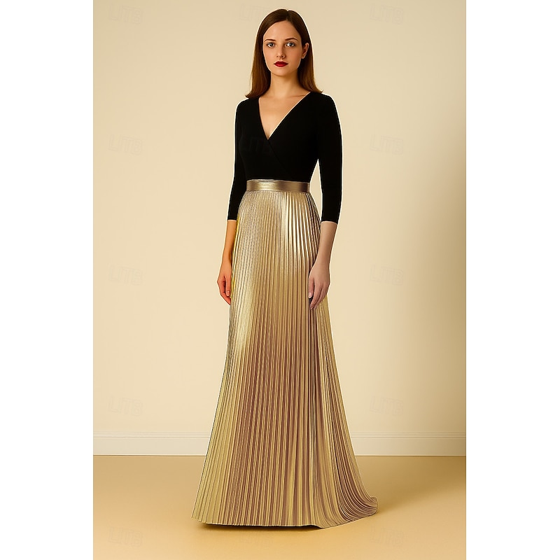 Black and Gold Metallic A-Line Evening Gown Elegant Dress Formal Wedding Floor Length 3/4 Length Sleeve V Neck Stretch Crepe with Pleats 2025