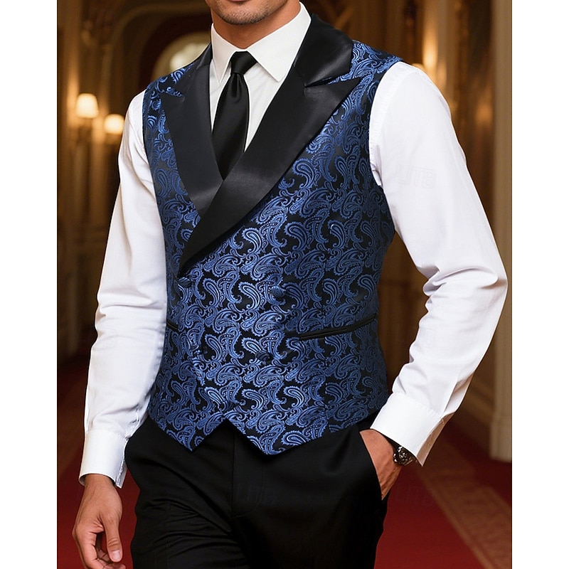 Men's Vest Waistcoat Gilet Vacation Party Business Fashion Casual Spring Fall Pocket Buttons Polyester Comfortable Paisley Single Breasted One-button Peaked Lapel Regular Fit Royal Blue Vest